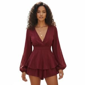 Princess Polly Burgundy Romper Long Puff Sleeves Ruffle Bottom 6 Sexy Holiday